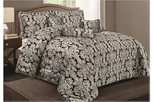 Opulent Living 7-Piece Jacquard Floral Comforter Bedding Set – Includes Bedspread, Valance Sheet, Pillow Shams, Cushion Cover, Decorative Pillow & Neck Pillow (Black, Super King, Leaf)