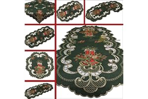 QUINNYSHOP HanaQi Dunkel-Grün Weihnachten Tisch-Deckchen Tischläufer Leinen-Optik mit Rot Kerzen Stickerei (ca. 20 cm Rund)