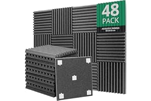 ROVSON 48 Panneaux de Mousse Acoustique avec Autocollants, 30x30x3cm, Mousse Anti-bruit Panneaux Acoustiques Ignifuges pour Studios D'enregistrement, Bureaux, Studios de Danse, Streamers