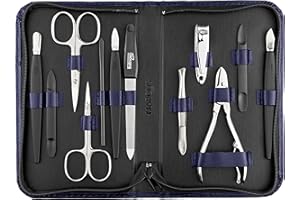 marQus Set de manicura y pedicura de 12 piezas de Solingen Alemania - Set manicura con todo lo necesario para hombre y mujer en estuche de piel auténtica color: azul marino