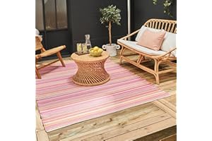 THE RUGS Rainbow Collection Outdoor Rug - Easy to Clean, Waterproof Plastic Outdoor Rugs for Garden, Patio, Balcony, Camping - Vibrant Plastic Straw Rug - Threads Pink, 120x160