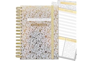 RACHEL ELLEN DESIGNS LTD Life Organiser - Lustre Gold Floral - 4 Tabbed Sections For Undated Weekly Planner, Lists, Notes, To Dos and Foiled Stickers, Pockets, Elastic Closure