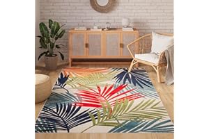 TAPISO Patio Alfombra de Pelo Corto Exterior Interior Resistente Moderna Efecto 3D Hojas de Palma Crema Azul Verde Alfombra de Salón Terraza Cocina Habitación Balcón Oeko-Tex 160 x 220 cm