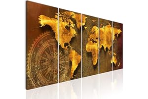 decomonkey - Impression sur Toile Intissée Carte du Monde 225x90 5 Pièces - Tableau Décoration Appartement Cadre en Bois Photo Déco Salon Image Esthétique Peinture sur Toile Maison