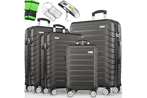 tillvex® Set 4 valigie rigide S-M-L-XL + bilancia, 8 cinghie e 4 etichette bagagli | Valigia da viaggio leggera con 4 ruote piroettanti | Guscio rigido in ABS con lucchetto TSA (Grigio/Antracite)