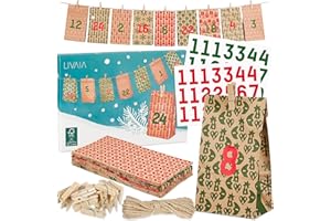 LIVAIA Calendrier Avent 2024 - Remplissez Votre Propre Calendrier de l'Avent - 24 Sacs en Papier Rouge et Vert et Pinces, Autocollants Numérotés et Corde - Calendrier au Design Festif, Cadeaux Noël