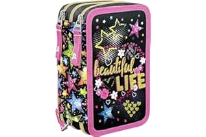 Julian Ross Beautiful Life Estuche Triple Lleno para Niñas, Plumier Triple, 45 Accesorios Educación Primaria, 20 Centímetros, Pegamento de Barra, Mina+, 3 Cremalleras, Compartimentos Organizados