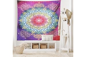 ABAKUHAUS, Mandala, Dekoracyjny gobelin, plakat na ścianę, Geometryczny układ z zygzakowato i kwitnących kwiatów Bohemian Oriental, Wielobarwność, 150x110cm