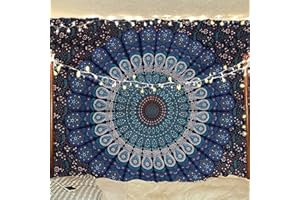 Bless International Indian hippie Bohemian Psychedelic Peacock Mandala Wall hanging Bedding Tapestry (Blue Green, Medium (54x60Inches)(137x152cms))