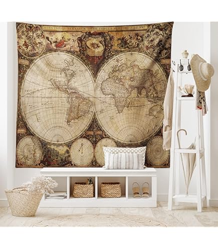 Arazzo Mappa Del Mondo 180x160 Cm - Stile Vintage, Per Camera, Scuola O Dormitorio