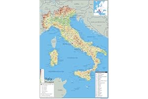 TIGER MOON Carte physique de l'Italie – Papier plastifié – Format A1 59,4 x 84,1 cm