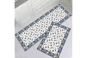 LLTTEER Kitchen rugs Non-slip kitchen mats 2 pieces,Washable PVC kitchen rug for hallway kitchen,Comfort runner rug set for indoors, Bath mats Dirt catching mat Doormat (Style C, 40 x 60+40 x 120 cm)