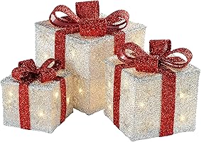 WeRChristmas Gift Box Silhouette with 35 Warm White LED Lights and Tinsel Christmas Decoration - White, Set of 3