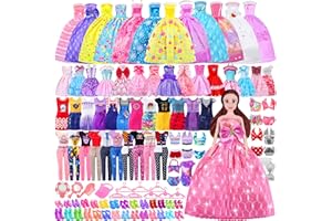 GOLMUD 110+ Teiliges Kleidung Schmuck Zubehör für Puppen,5 Partykleider + 11 Fashion Kleider Jahren + 2 Hosen + 1 Tops + 2 Badeanzüge,10 Paar High Heels,40 Kleiderbügel,1 Hut,Enthält Eine 11,5 Zoll Puppe