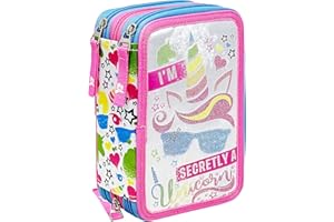 Julian Ross Unicornio Estuche Triple Lleno para Niñas, Plumier Triple, 45 Accesorios Educación Primaria, 20 Centímetros, Pegamento de Barra, Mina+, 3 Cremalleras, Compartimentos Organizados