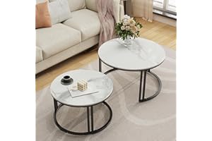 FATIVO Okrągły marmurowy stolik kawowy gniazdo: Stoliki kawowe Zestaw 2 błyszczących białych marmurowych stolików kawowych Salon Stół centralny ze spiekanego kamienia z aluminiową ramą Meble