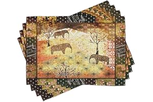 ABAKUHAUS African Place Mats, Grunge Elephant Roses, Washable Fabric Dining Room Kitchen Table Decoration Digital Print, Green Brown Yellow