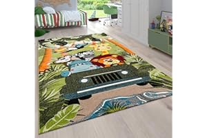 Paco Home Tappeto per cameretta per bambini a pelo corto con animali e motivi tropicali, Dimensione:80x150 cm, Colore:Verde 6
