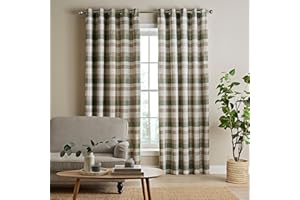 Catherine Lansfield Brushed Cotton Thermal Check 46x72 Inch Lined Eyelet Curtains Two Panels Green