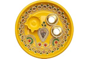 Aditri Creation Yellow Pooja Thali Plate Platter Decorative Stainless Steel Puja Thali with Essential Pooja Articles for Aarti Pooja Rituals Festival Decorations & Home Decor Gifting (Size:- 6")