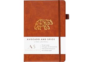 AVOCADO & SPICE Avocado and Spice® A5 Lined Notebook - Hardcover A5 Journal Notebook - Faux Leather A5 Notepad - Bookmark, Elastic Band, Pen Holder, 200 Thick Pages (Brown, Lined)