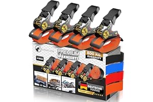 ‎GNARCORE Gnarcore© wetterfeste Premium Spanngurte mit Ratsche (4er Set) - Ohne schmerzhaftes Einschneiden Dank Griff - 4 & 6 Meter inkl. Tragebeutel, 2-in-1 Leder-Schutz & Klettbänder - bis 800 Kg