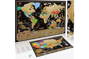 W WANDERLUST MAPS Scratch Off Map of the World + USA Map - Set of Two Deluxe Gold Scratch Off Travel Posters with Colourful Countries, US States and Flags - Made in Europe