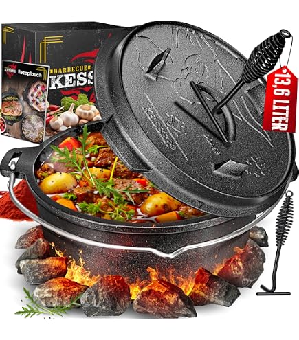Cocotte En Fonte Küchenprofi 3,5 L - 24 Cm - Pour Barbecue, Feu De Camp, Induction Et Four - Avec Lève-couvercle Et Support