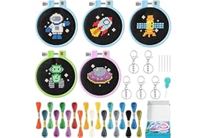 WATINC DIY Keychain-Space 9p Stitch für Kinder, Weltraum Muster Stickerei Anfänger Set Weltraum Gestempelt Kreuzstich Nähen Kit mit Nadelspitze Schlüsselanhänger, Starter Kit Nähen Set mit Anleitung