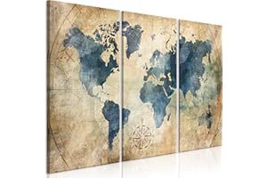 murando - Tableau décoration 120x80 cm 3 Parties - Déco avec un cadre en bois pour le salon - Tableau moderne sur toile pour une chambre tendance - Vintage - Carte du monde - Bleu k-A-0415-b-e