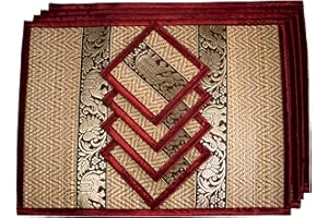 CCCOLLECTIONS Hand-Woven Wicker Reed Placemats and Coaster Set - Eco-Friendly Alternative to Plastic - Heat Resistant - Thai Style - Durable and Easy to Clean - Perfect for Dining Table Décor - Set of 4 (Medium Burgundy)