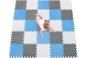 meiqicool Alfombra puzle 142 x 142cm Niños 25 Piezas Cuadrado Goma Espuma EVA,Alfombra Puzzle para Niños Bebe Infantil,esteras de 30x30cm Blanco-Azul-Gris