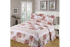 AMBIANCE HOME Double Bed Rosie Bedspread Set, Throw Over & Pillow Shams, Quilted Multi Scalloped Edge, Patchwork Flowers Striped Polka Dot Floral Border, Dusky Pink Lime Moss Green Beige Cream White