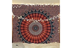 Bless International Indian hippie Bohemian Psychedelic Peacock Mandala Wall hanging Bedding Tapestry (Golden Blue, Queen (84x90Inches)(215x230Cms))