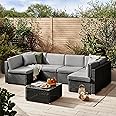 Furniturebox UK Black Rattan Garden Sofa with Dark Grey Cushions 6 Seater Outdoor Sofa and Glass Top Coffee Table - Contemporary & Comfortable