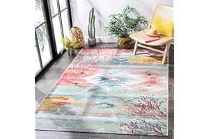 Safavieh Barbados Collection BAR554M Tropical Abstract Indoor/ Outdoor Area Rug, 6' 6" x 9' 4", Light Blue/Pink