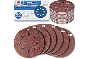 EffektWerk Sanding Discs (60 Pack, 8 Holes), 125mm Sandpaper w/ Multiple Grit Sizes (40, 60, 80, 120, 180, 240).