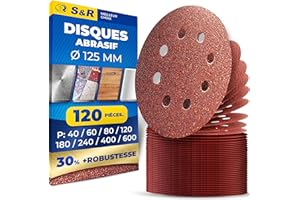 S&R 120 Disques de Ponçage 125mm Papier abrasif x Ponceuse Orbitale 125 mm Pour Peinture Bois Métal. Grain 40, 60, 80, 120, 180, 240, 400, 600
