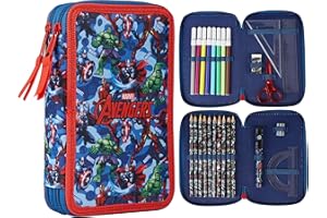 Marvel Astuccio Scuola Porta Penne Completo di Set Cancelleria Astuccio 3 Scomparti Bambino e 2 Scomparti Gadget Spiderman Avengers Ufficiale Regalo Back to School