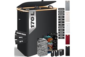 KESSER® Laundry Basket with Lid, 2 Compartments, Foldable, 170 Litres, Laundry Box, Laundry Basket, Laundry Basket with 3 x Removable Laundry Bags, Laundry Sorted with Washing Instructions, Black