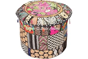 Stylo Culture Ottoman Pouffe Seat Ottoman Cover Black Ethnic Embroidered Patchwork Cotton Traditional Round Fabric Ottoman Pouf Cover (16x16x13 Inch) 40cm (COVER ONLY)