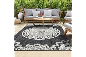 homeart Outdoor Rug - Easy-Clean, Durable, Stain-Resistant, Weather & UV Resistant Indoor & Outdoor Rugs for Porch, Deck, Balcony, Garden, Picnic and Patio | Mandala Black, Cream - 120x170cm