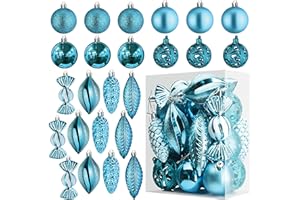 Prextex Bolas de Navidad Azules para Decoración Navideña – 24 Adornos Navidad Irrompibles con Anilla para Colgar – Decoración Navidad y Fiestas - Lote de Bolas en 8 Formas y Estilos