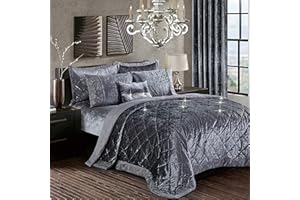 Householdfurnishing 3 Piece Crushed Velvet Bedspread Quilted Bed Throw Comforter with Pillow Shams (Santiago/Grey, Super King)