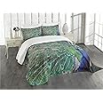 Lunarable Peacock Bedspread, Peacock Displaying Elongated Majestic Feathers Open Wings Picture, Decorative Quilted 3 Piece Coverlet Set with 2 Pillow Shams, King Size, Brown Navy