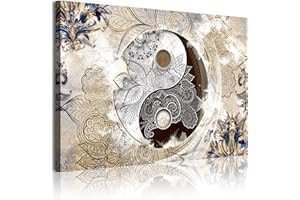 DekoArte 349 - Cuadros Modernos Impresión de Imagen Artística Digitalizada | Lienzo Decorativo Para Tu Salón o Dormitorio | Estilo Ying Yang Abstractos Zen Colores Beig Marrón | 1 Pieza 120 x 80 cm