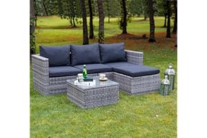 GOODS EMPORIUM Rattan Garden Corner Sofa with Coffee Table Patio Furniture- 3 to 4 Seater Rattan Corner Sofa Garden Furniture Sets - FREE RAIN COVER INCLUDED (‎Grey Mixed With Dark Grey Cushions)