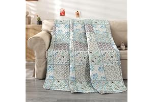Qucover Single Quilted Throw Lightweight Microfiber Blue Floral Pattern Bedspreads Single Size, All Seasons Sofa Bed Decorative Quilt Blanket 150x200 cm