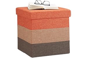 Relaxdays Pouf Imbottito con Contenitore, a Strisce, Colorato, Pieghevole, Marrone-Arancione, HxLxP: 38 x 38 x 38 cm