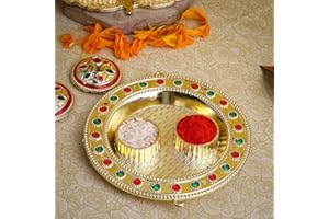 SATVIK STORE SATVIK 1 Pc Golden Decorative Designer Roli Chawal/Rice Holder, Kumkum Haldi Holder Rakhi Pooja Thali Indian Festival Diwali Pujan Mandir Tika Roli Plate Housewarming Gifts Items Pack
